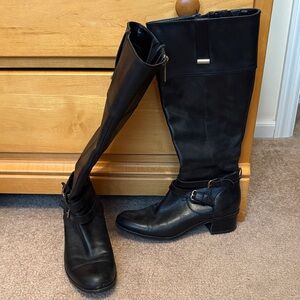 Women's Black Mid-Calf Riding Boots with Buckle Accent